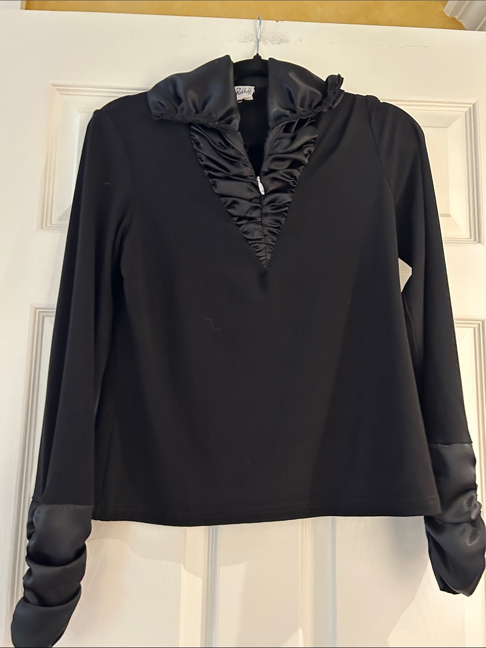 Joseph Ribkoff Black Satin-Trim Ruffled V-Neck Long Sleeve Top